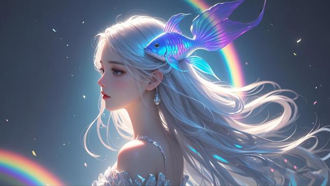 银发少女与彩虹鱼的梦幻肖像