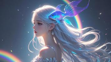 银发少女与彩虹鱼的梦幻肖像