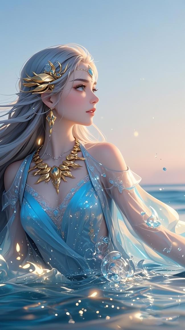 银发海神立于晨光海面，金饰璀璨如梦