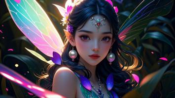 彩虹翅膀精灵少女奇幻插画