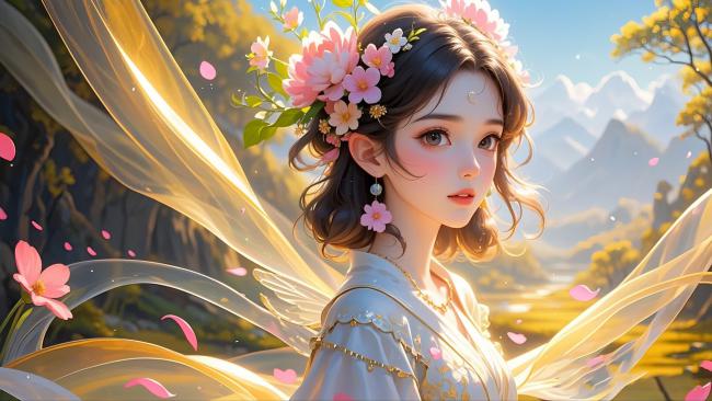 仙气樱花少女水墨动漫插画