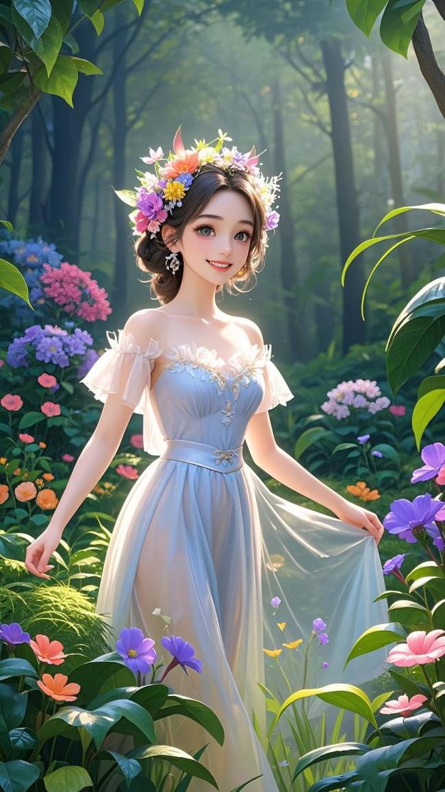 森林花冠少女写实肖像，柔光梦幻花园