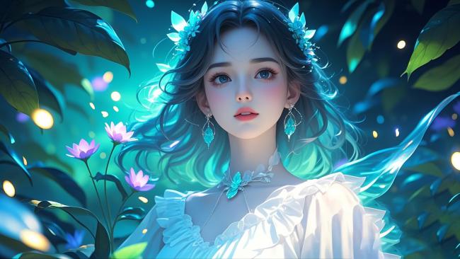 蓝发精灵少女沉浸奇幻森林光斑之中