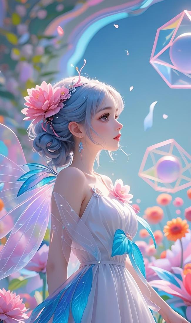 蓝发精灵少女梦幻花海插画