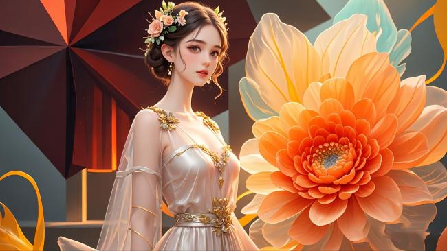 古风少女伴巨花，新中式奇幻光影图