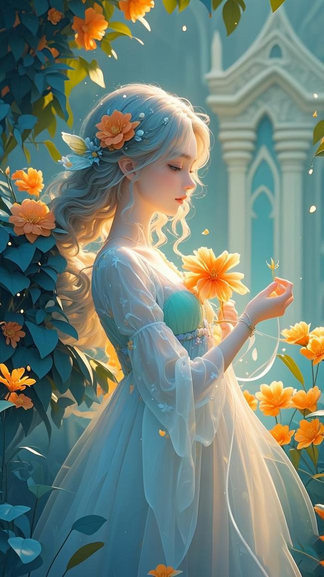 梦幻花园中的银发少女肖像