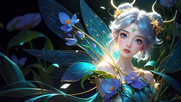 蓝发精灵少女梦幻花境插画