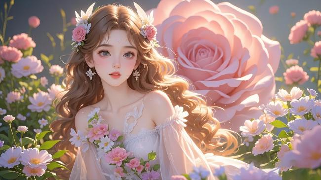 花海中的写实少女肖像，柔光粉黛唯美动人