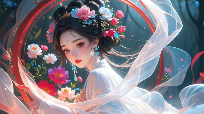 古风仕女花间回眸，水墨动漫唯美画卷