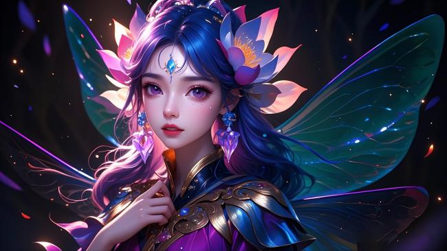 蓝发仙子花冠蝶翼梦幻插画