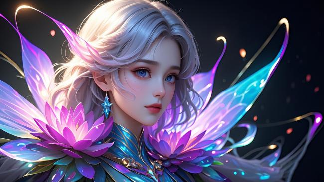 银发仙子莲花羽翼梦幻夜景