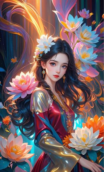 仙子花海中的新国潮美人插画