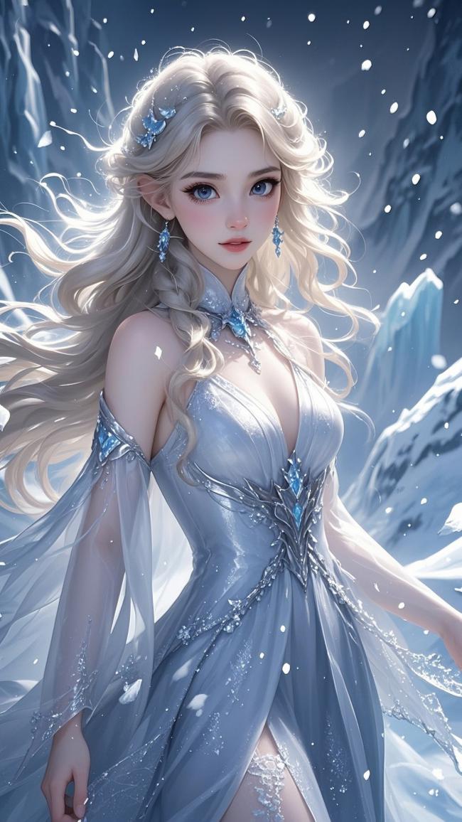 冰雪女王立于雪山之巅，银发蓝眸如梦似幻