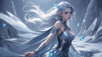 冰霜仙子立雪山，银发晶甲映寒光