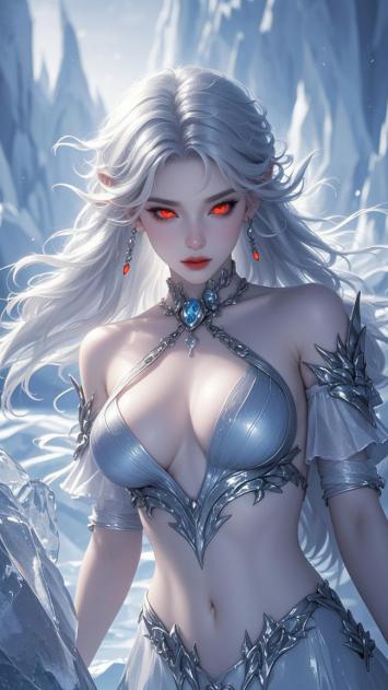 冰霜女神写实插画，红瞳银发战甲华丽