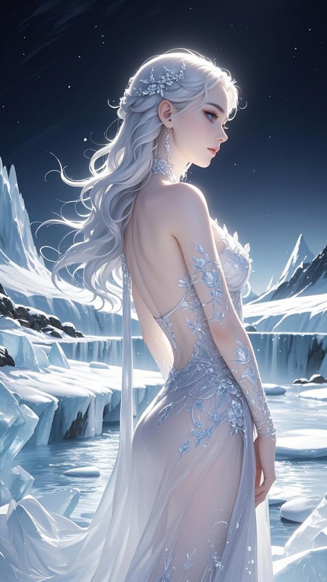 冰霜女王雪夜侧影插画