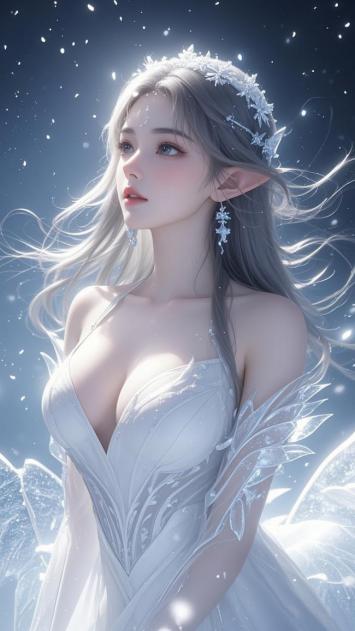 冰雪精灵少女插画，梦幻飘雪中的仙子风姿