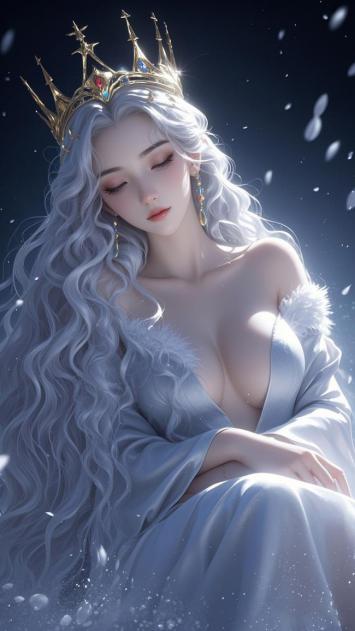 冰霜女王闭目沉思，雪夜王冠闪耀