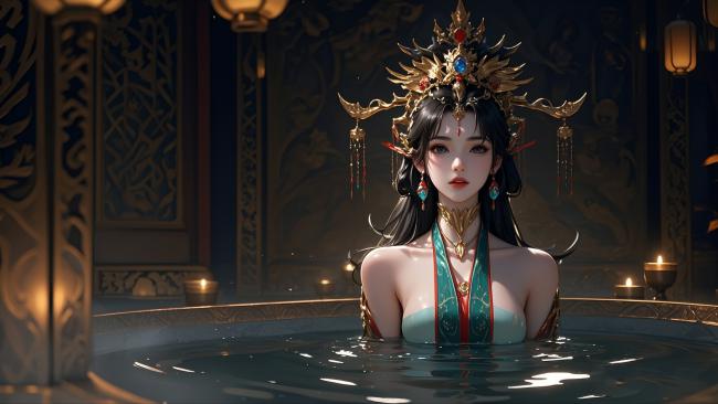 古风仕女浴池图：华服金冠映烛光