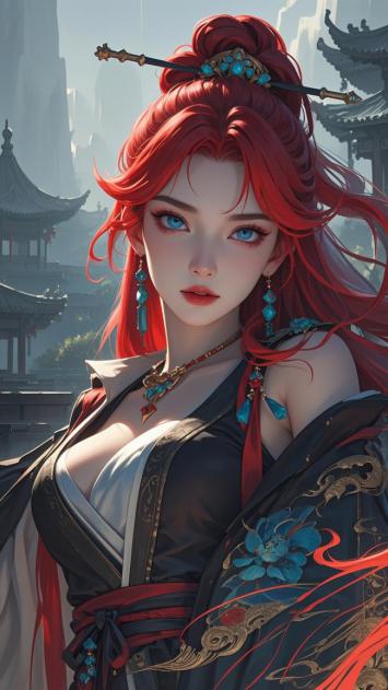 红发仙侠女，古风汉服写真图