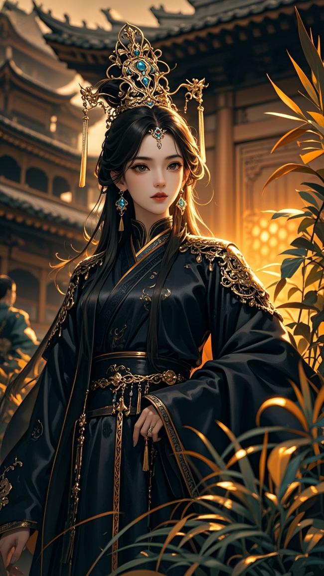 黑袍金冠古风美人，夕阳庭院写真