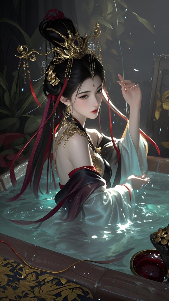 古风仕女浴池写真，金饰红绸映水光