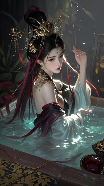 古风仕女浴池写真，金饰红绸映水光