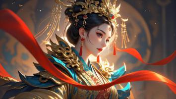 古风仕女华服飘带，金冠映霞光