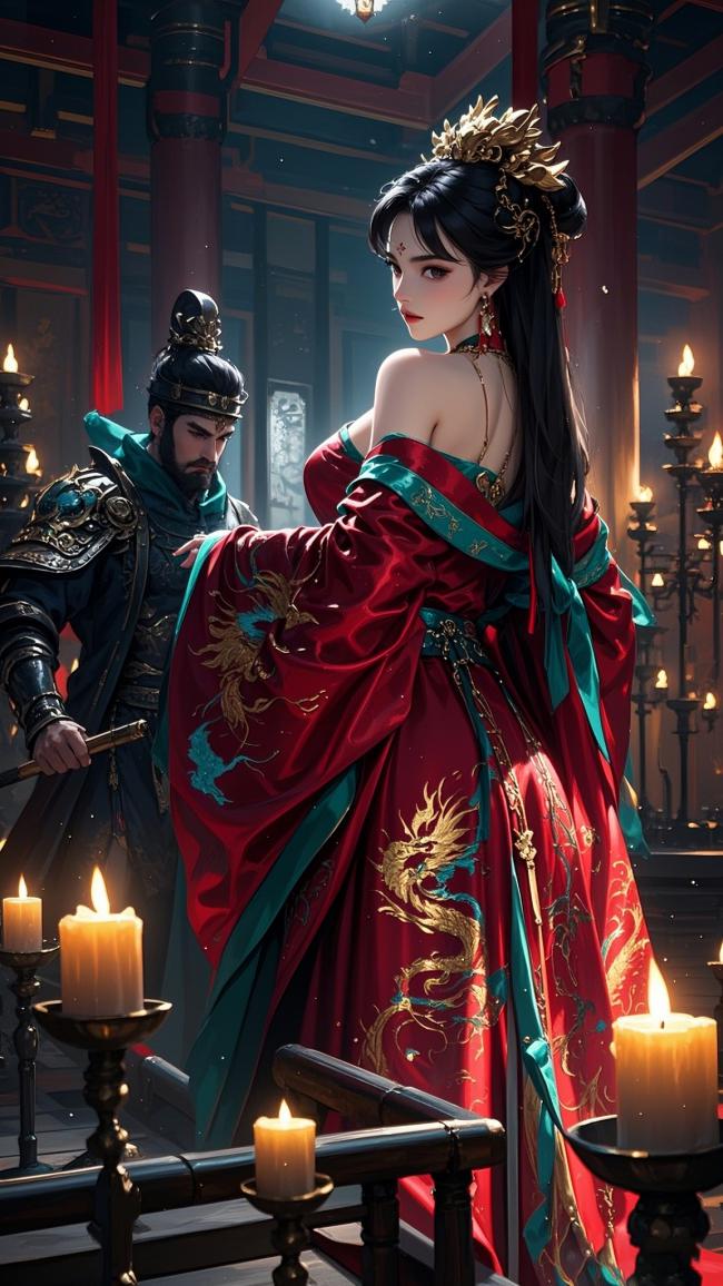 烛影宫闱：华服贵妃与铠甲将军对峙图