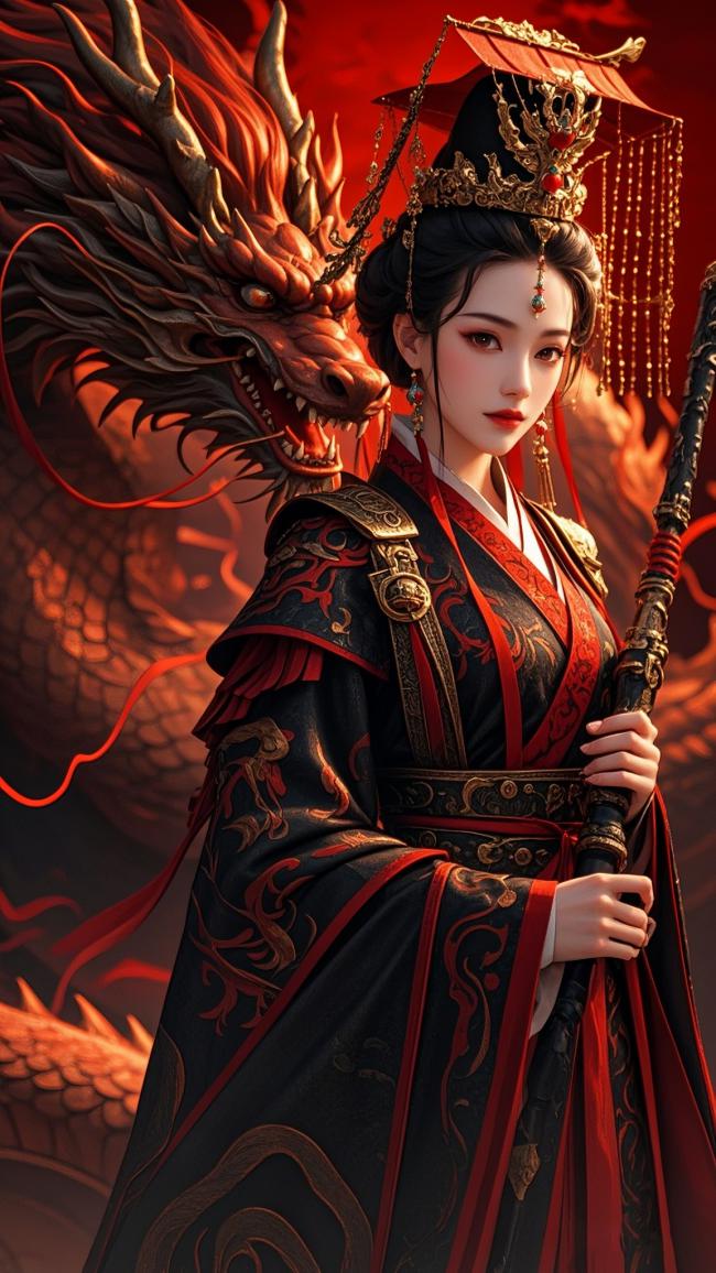 仙侠女神持杖御龙，烈焰背景震撼登场