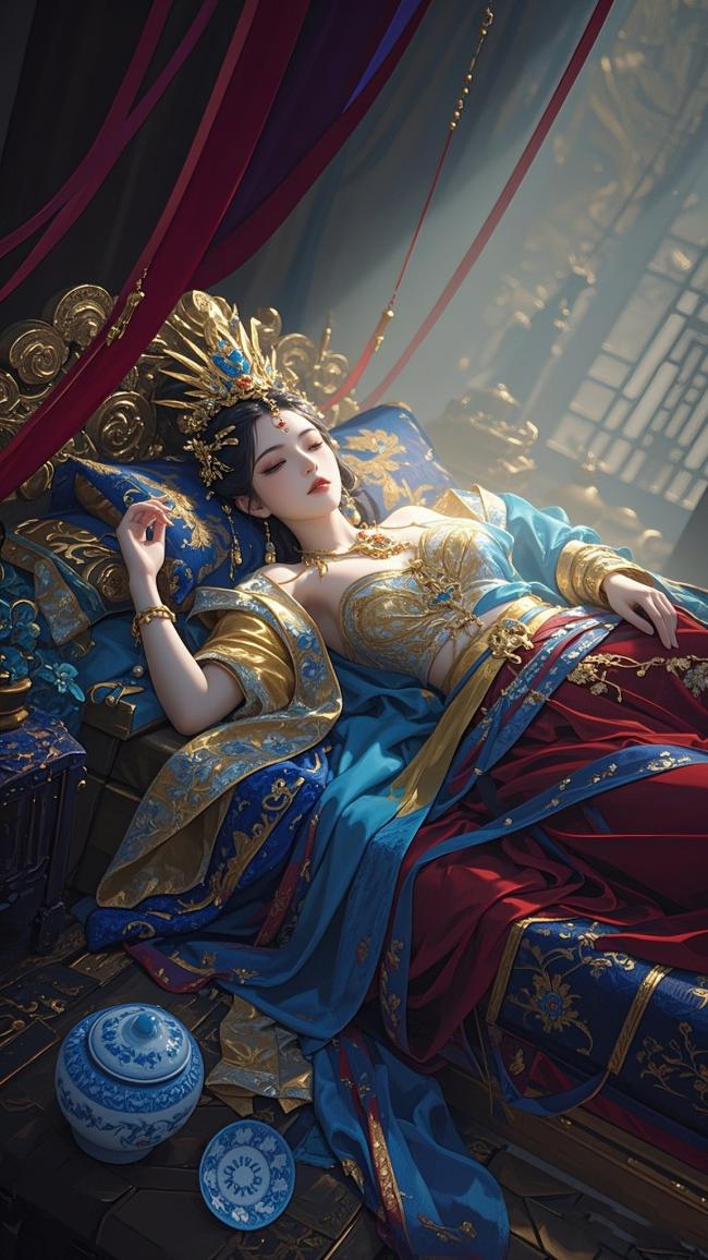 华服美人卧榻图：古风宫廷奢靡夜景