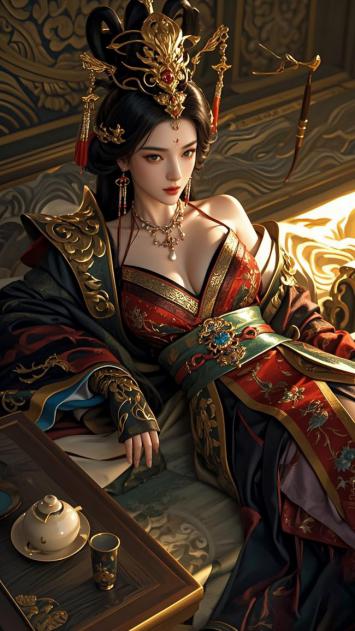 华服贵妃端坐宫廷，光影柔美细节惊艳