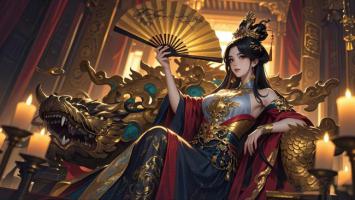 古风皇后坐龙椅，金扇映烛光，华服尽显皇家威仪