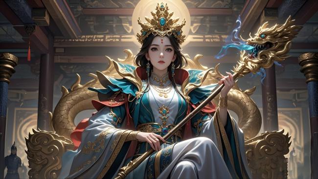 仙侠女神持龙杖端坐宫殿，工笔重彩震撼视觉