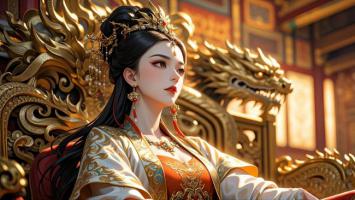 华服皇后端坐龙椅，暖光映衬尊贵气韵