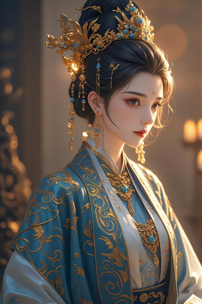 古风仕女汉服写真，蓝金华服配珠宝冠冕