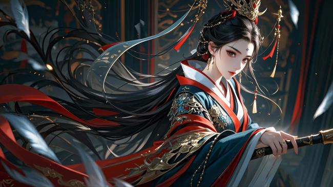 仙侠女侠持剑立于金殿，黑发飞舞，华服绚烂