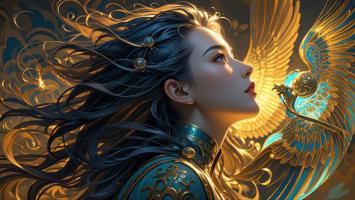 羽翼女神仰望神鸟，奇幻古风插画巅峰之作