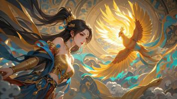 仙侠女神与金凤共舞云端奇景