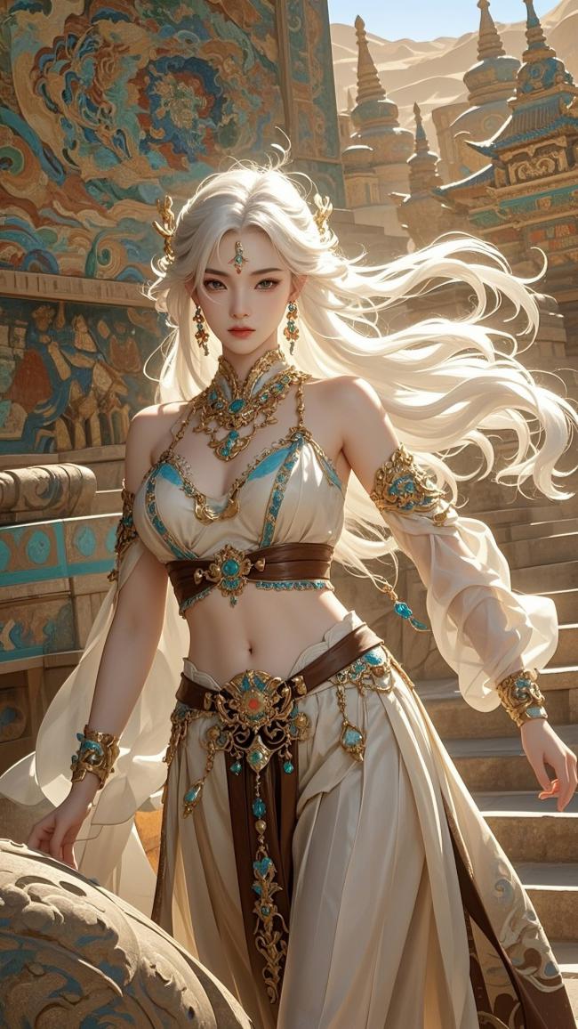 银发仙姬立佛塔，敦煌风华映天光