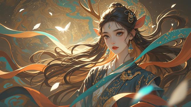 仙侠女神飘带飞舞，蝶影环绕古风画卷