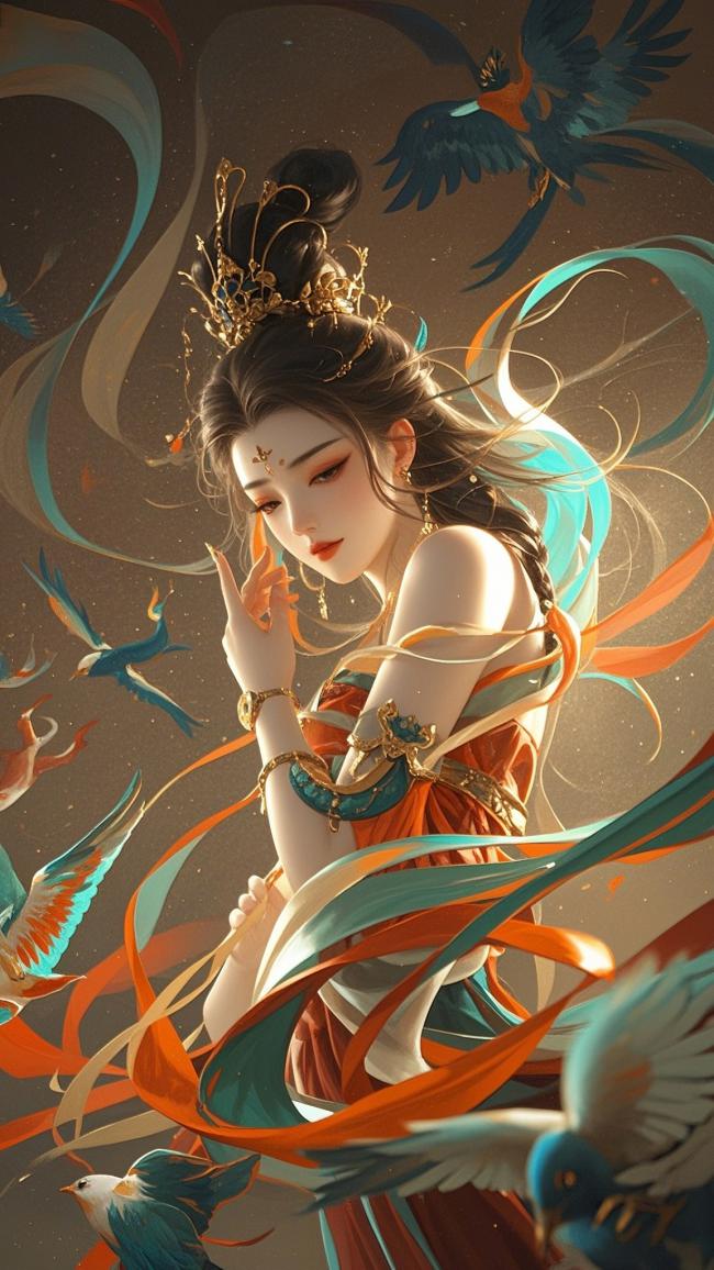 仙侠女神飞鸟环绕工笔重彩图