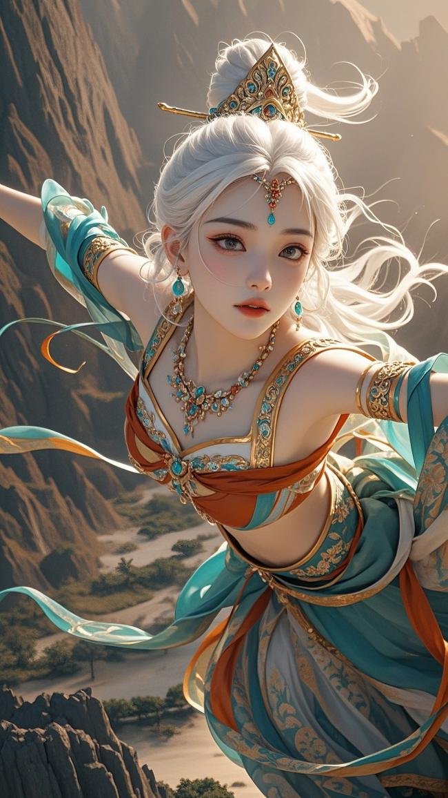 白发仙姬立山巅，玄幻古风3D神女图