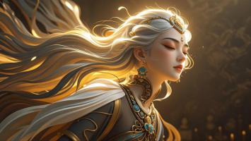 银发女神闭目沉思，光影交织的奇幻肖像
