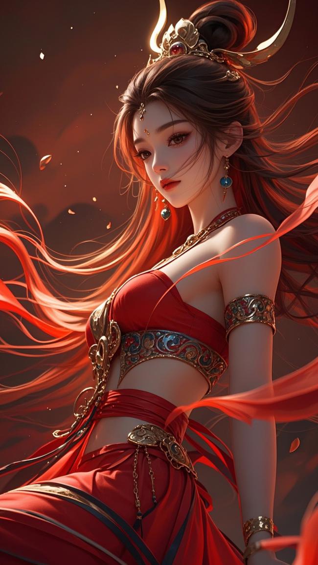 红衣仙姬飘纱如火，仙侠玄幻风唯美写实图