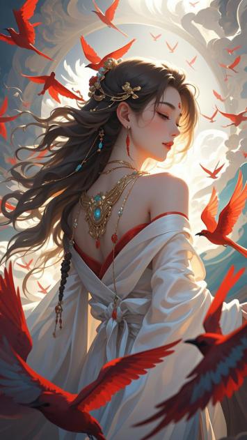 仙侠红鸟飞舞古风美女插画