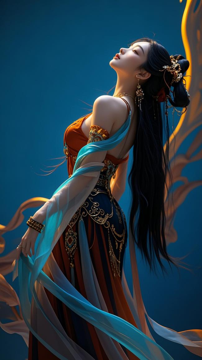 古风仕女飘带飞舞，华服映蓝空