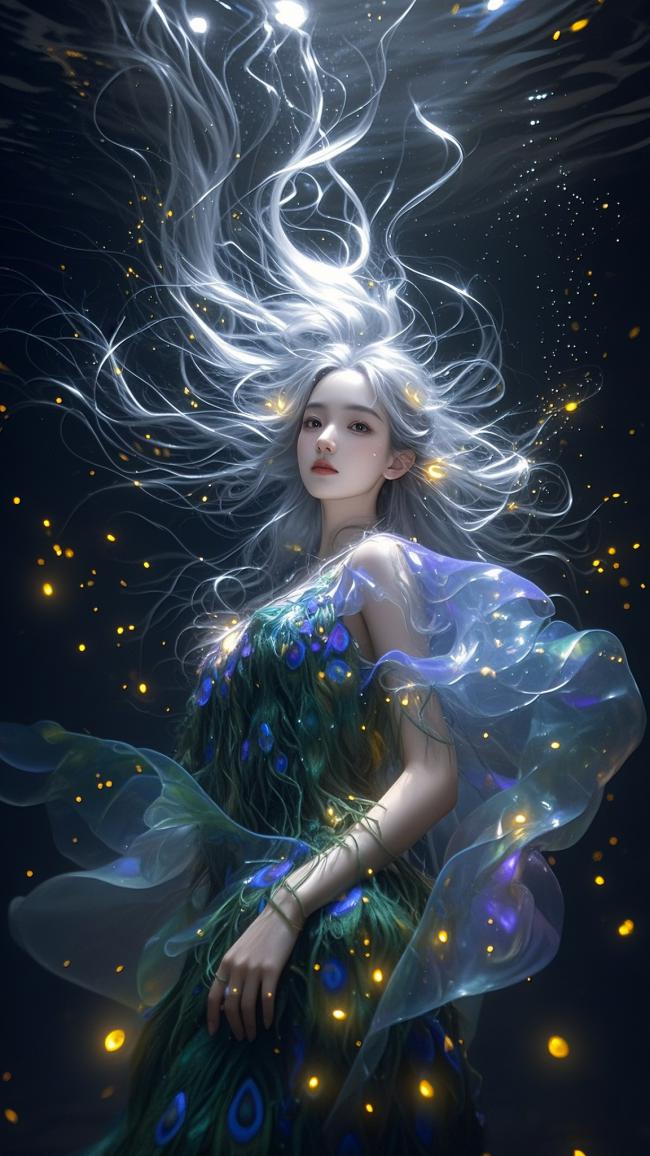 水下孔雀仙子：银发飞舞的梦幻神女