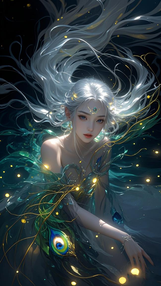 银发孔雀仙子浮游星海，光影交织梦幻绝美