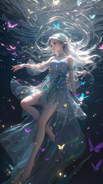 深海蝶舞仙子：银发少女奇幻浮游图
